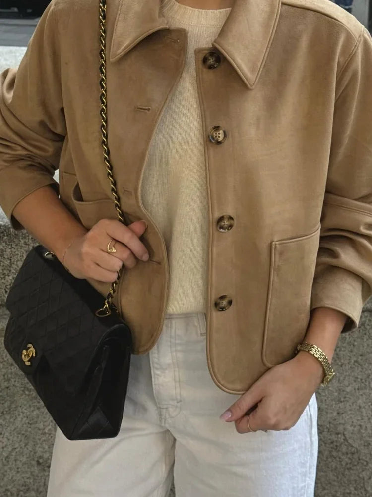 Rarove-Fall Outfits Outwear Streetwear Fashion Simple Lapel Single Breasted Leather Jacket Elegant Women Long Sleeve Suede Cropped Coat 2024 Lady Office Street Outwear