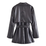 Rarove - New Women's Clothing Retro Fashion Slim Waist Black Faux Leather Long Sleeve Lapel Short Trench Coat