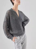 Rarove Ladies Sequin Mesh Hollow Out Zipper Cardigan Knitwear Tops Spring Summer Women Long Sleeve O-Neck Slim Knit Sweater Coat