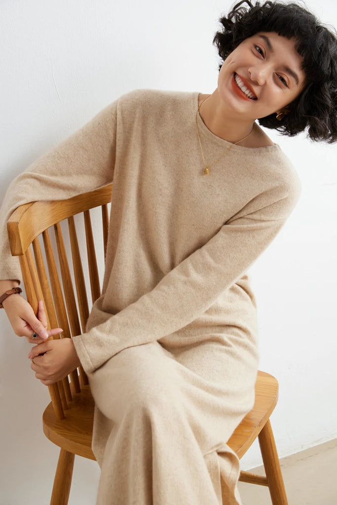 Rarove-New round neck knitted cashmere dress in autumn and winter with loose pullover and long split wool dress.