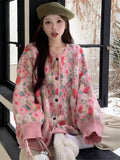 Rarove-2024 Spring Fashion Vintage Cardigan Women Flower Loose Korean Soft Sweet Knit Sweater Female Winter Chic Long Sleeves Lazy Knitwears Lady
