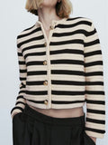Rarove Women Single Breasted Striped Cardigan Jacket O-Neck Long Sleeve Casual Slim Short Knitted Coat for Ladies 2023 Spring