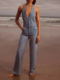 Rarove - New women's clothing 2023 casual all-match Ruili sweet and sexy denim round neck jumpsuit