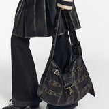 Rarove-Y2k Emo Women Harajuku Gothic Black Hobo Hand Bag Vintage Motor Aesthetic Grunge PU Purses Shoulder Crossbody Handbags Bags