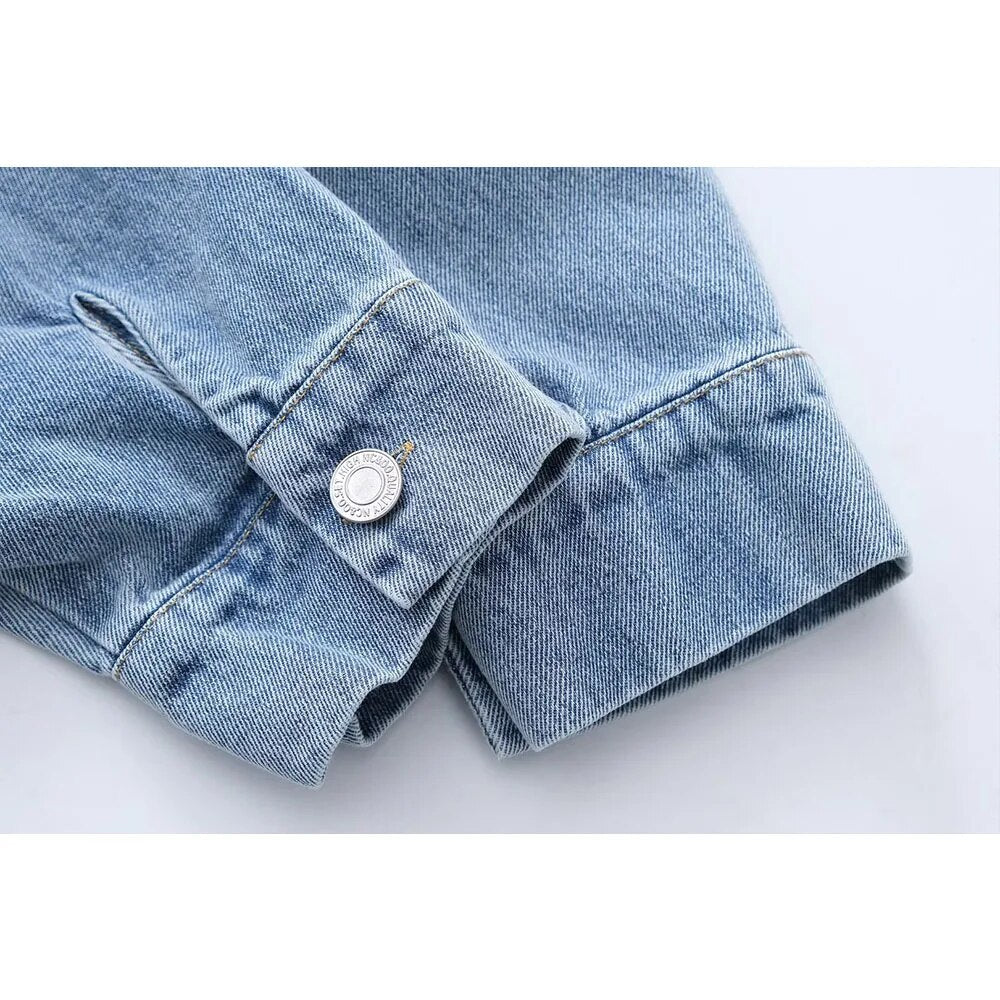 Rarove - New women's 2023 long-sleeved lapel shirt jacket with patch pocket and patch pocket decorated with denim shirt jacket