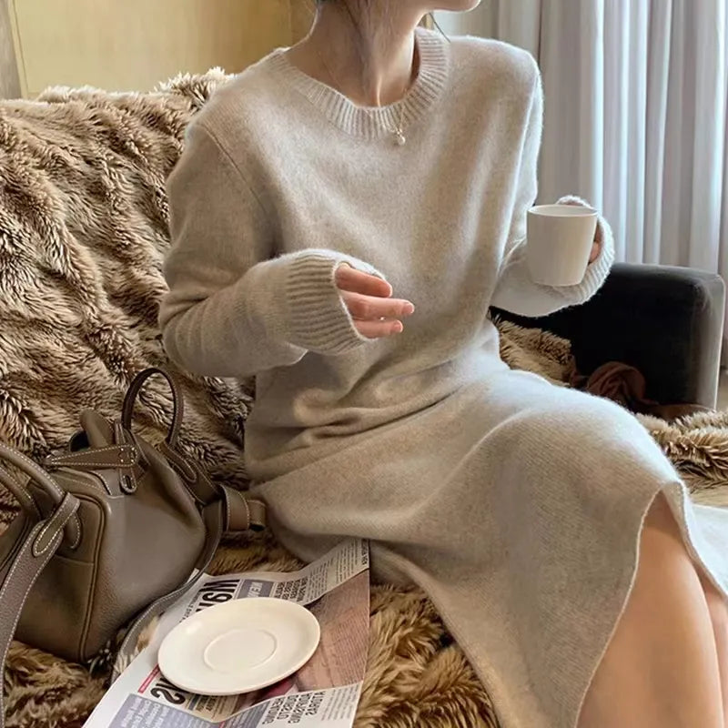Rarove-Simple round neck pure cashmere knit dress women's knee-high autumn and winter new coat with long sweater skirt.