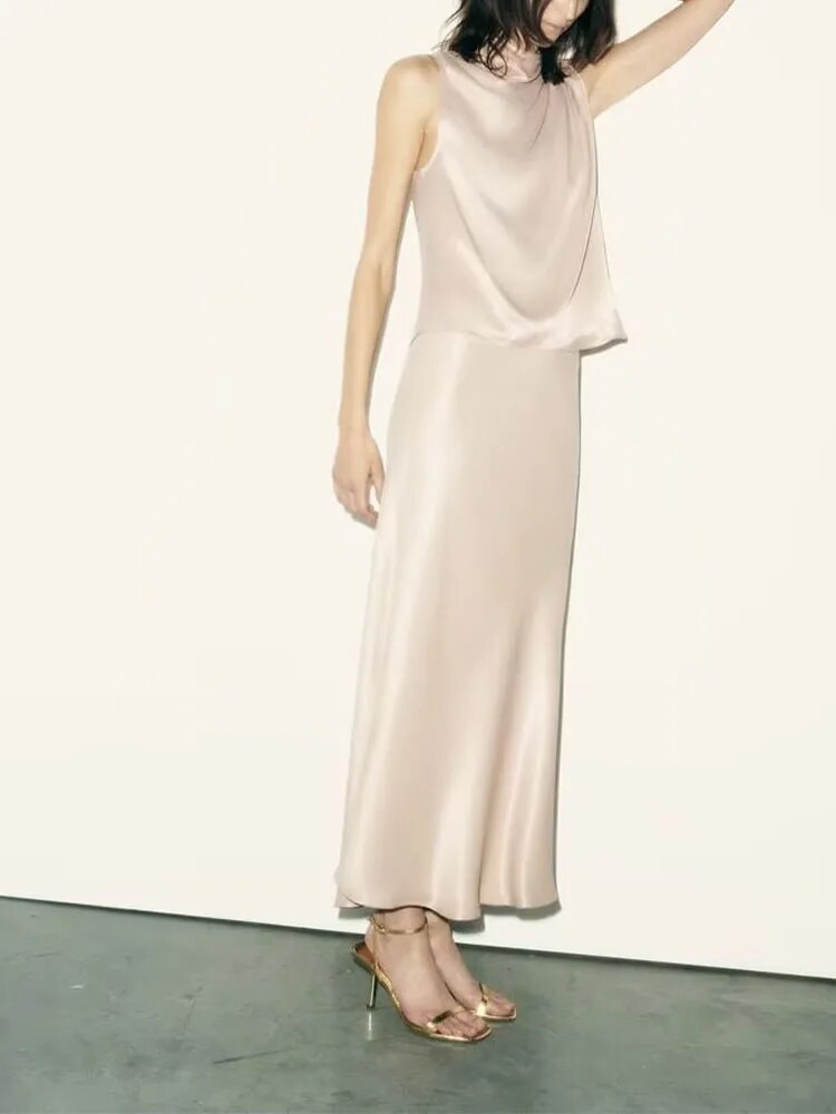 Rarove - New Women's Clothes Casual Fashion Pleated Design Silk Satin Top Slim High Waist Silk Satin Midi Skirt Set