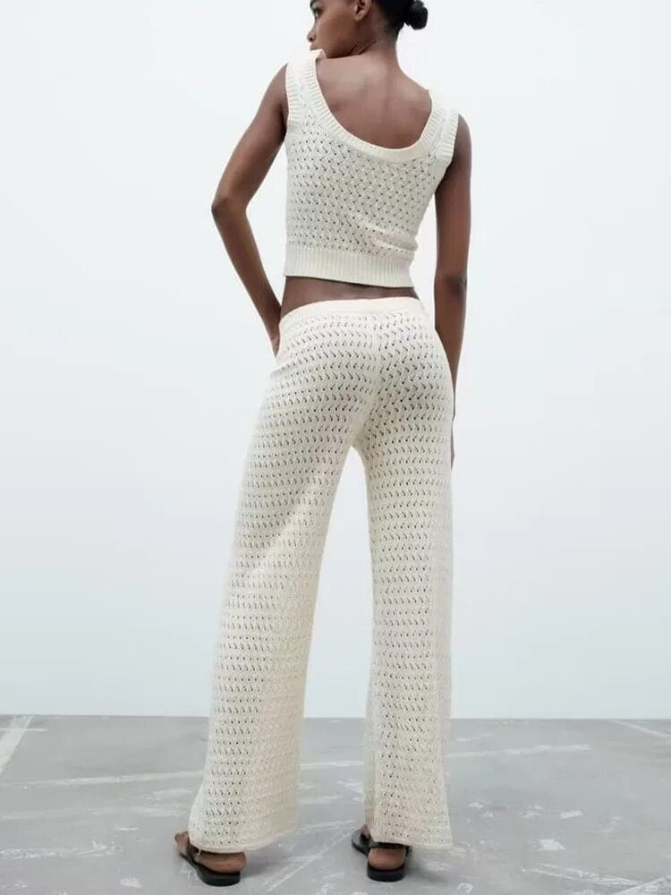 Rarove - New women's clothing 2023 Temperament Fashion Casual Sexy Slim Ruili Sweet Jacquard Mesh Pants Knit Tops