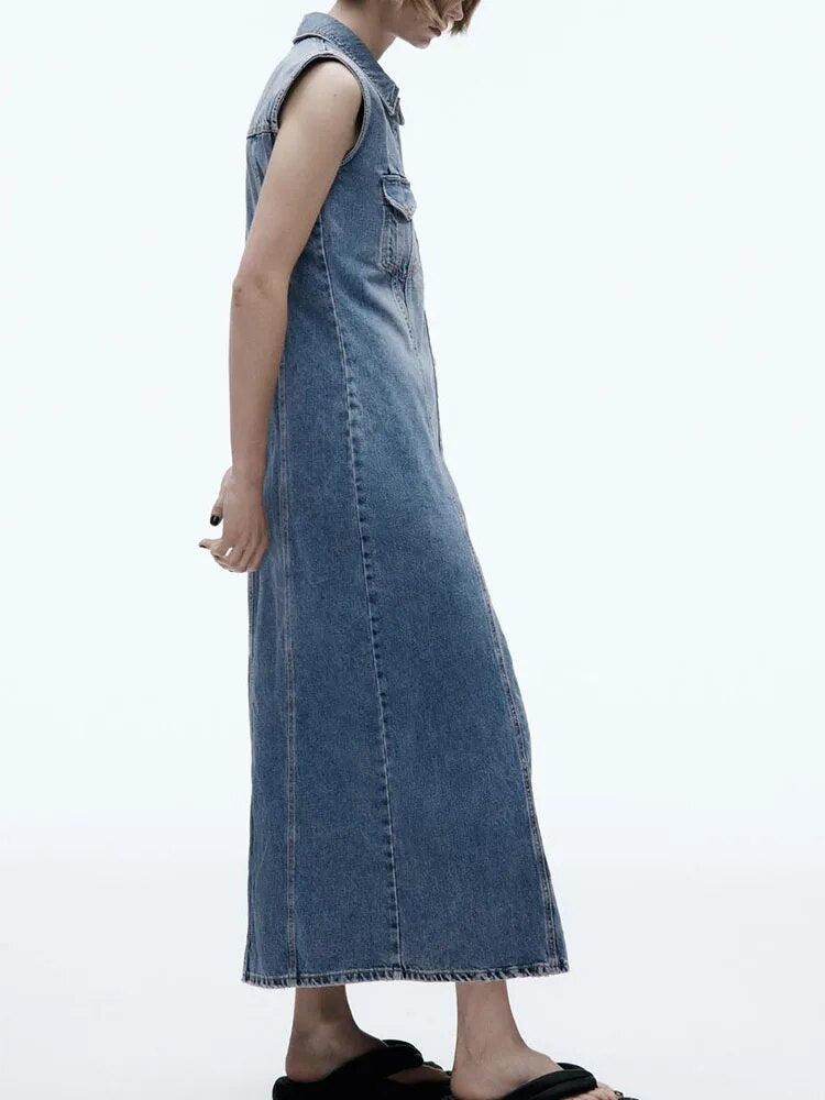 Rarove- New women's 2023 temperament fashion versatile lapel sleeveless long denim dress