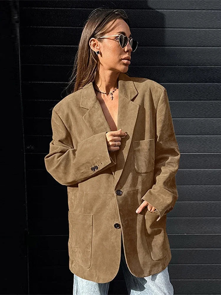 Rarove-Fall Outfits Outwear Streetwear Office Lady Blazer Coat Fashion Brown Single Breasted Suede Female Jackets Vintage Autumn Long Sleeve Turn-down Collar Outwear