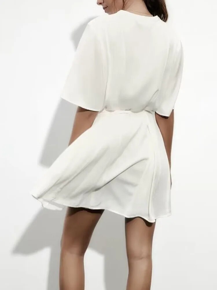Rarove - New women's 2023 round neck short sleeve dress V-shaped neckline with lining woven belt short dress