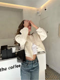 Rarove_White Short Bomber Jackets For Women Round Collar With Buckle Big Pockets Outerwear 2023 Spring Antumn Female Chic Street Coats