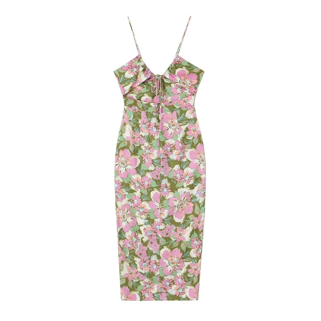 Rarove- New Summer Temperament Casual Sexy V-neck Pleated Decorative Linen Blended Flower Print Dress for Women