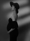 Rarove-Black Vintage Baby Shower Dresses For Pregnant Women Ruffles Sleeveless Floor-length Photoshoot Dress Hat Maternity Prom Gowns
