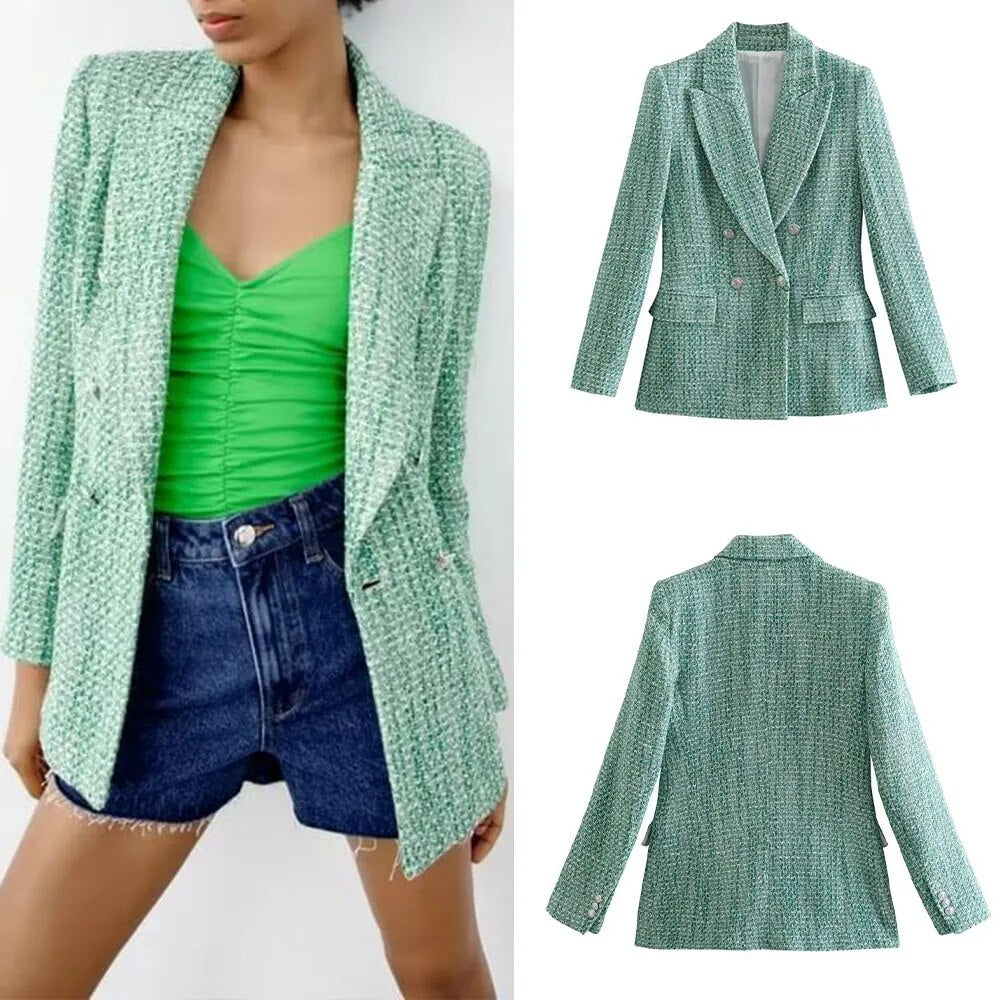 Rarove - Spring and autumn new casual lapel long-sleeved loose retro small fragrance texture double-breasted suit jacket women