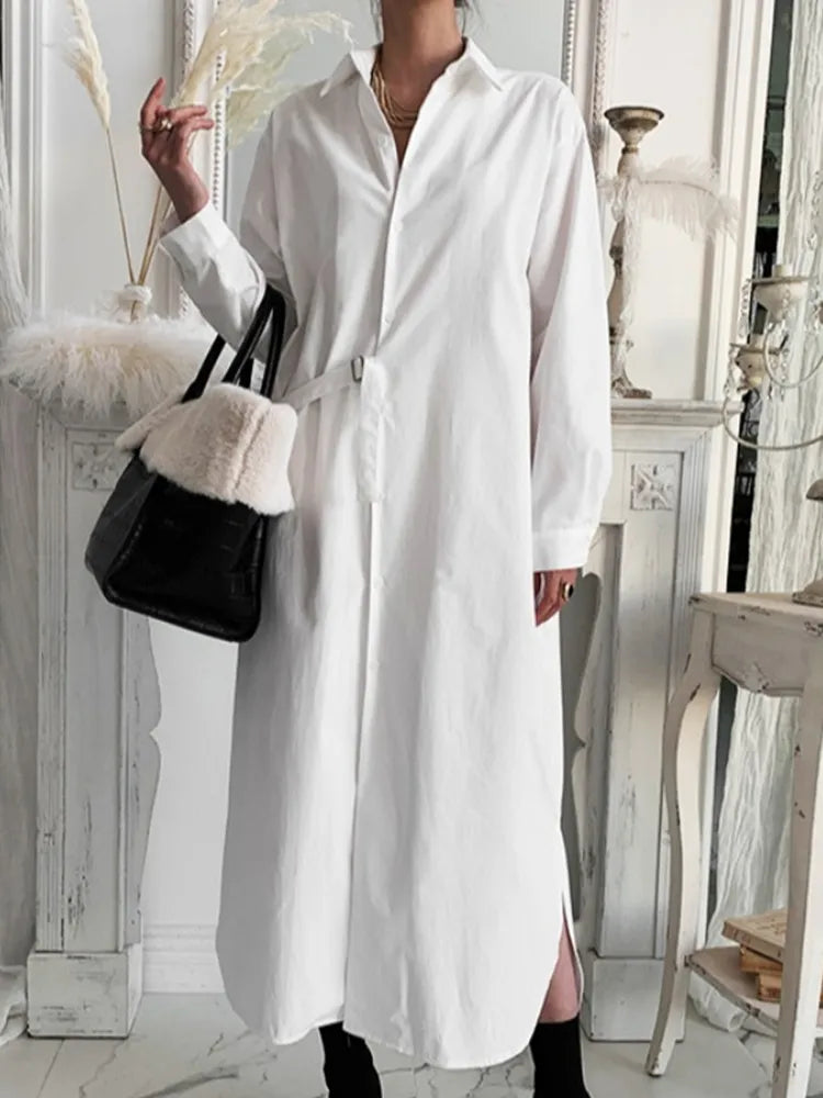 Rarove Spring Women Casual Sashes Shirt Dress Vintage A-Line Office Lady Elegant Dresses Female Midi Dress