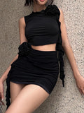RAROVE Y2K 3D Black Rose Crop Top Skirt Short Sets Bandage Elegant Chic Sleeveless Bodycon Folds Sexy Short Sets 2023 New In