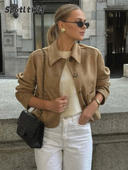 Rarove-Fall Outfits Outwear Streetwear Fashion Simple Lapel Single Breasted Leather Jacket Elegant Women Long Sleeve Suede Cropped Coat 2024 Lady Office Street Outwear