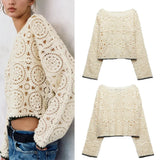 Rarove- Autumn new temperament fashion casual women's round neck color contrast trim hollow crochet sweater top