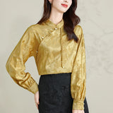 Rarove-2024 Spring/Summer Fashion Satin Chinese Style Women's Shirt Flower Vintage Blouses Silk Fashion Clothing Loose Long Sleeves Women Tops