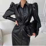 RAROVE-Graduation Gift Back to School Season Summer Dress Spring Outfit Summer Vacation Outfits  Chic Women Casual Lapel PU Leather Single Breasted Black Midi Dress Belted OL Korean Puff Full Sleeve Female Vestido DS84