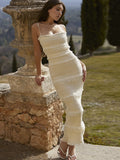 Rarove Luxury Gathered Maxi Formal Occasion Dresses Beige Spaghetti Strap Wedding Party Dresses Summer Prom Dress