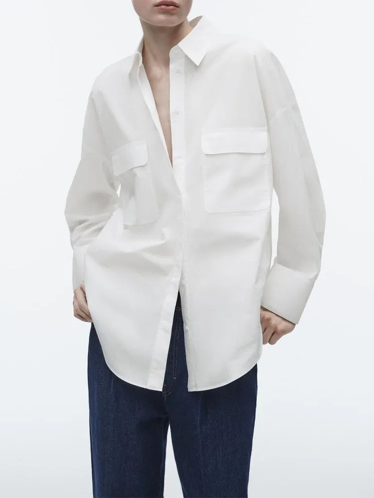 Rarove- 2023 spring new women's white poplin loose long-sleeved lapel casual long-sleeved single-breasted shirt