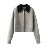 Rarove Autumn New Style Colorblocked Lapel Short Knit Cardigan Jacket For Women