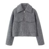 Rarove- Vintage Women Gray Cropped Woolen Jacket Long Sleeve Pockets Female Autumn Winter Short Coat