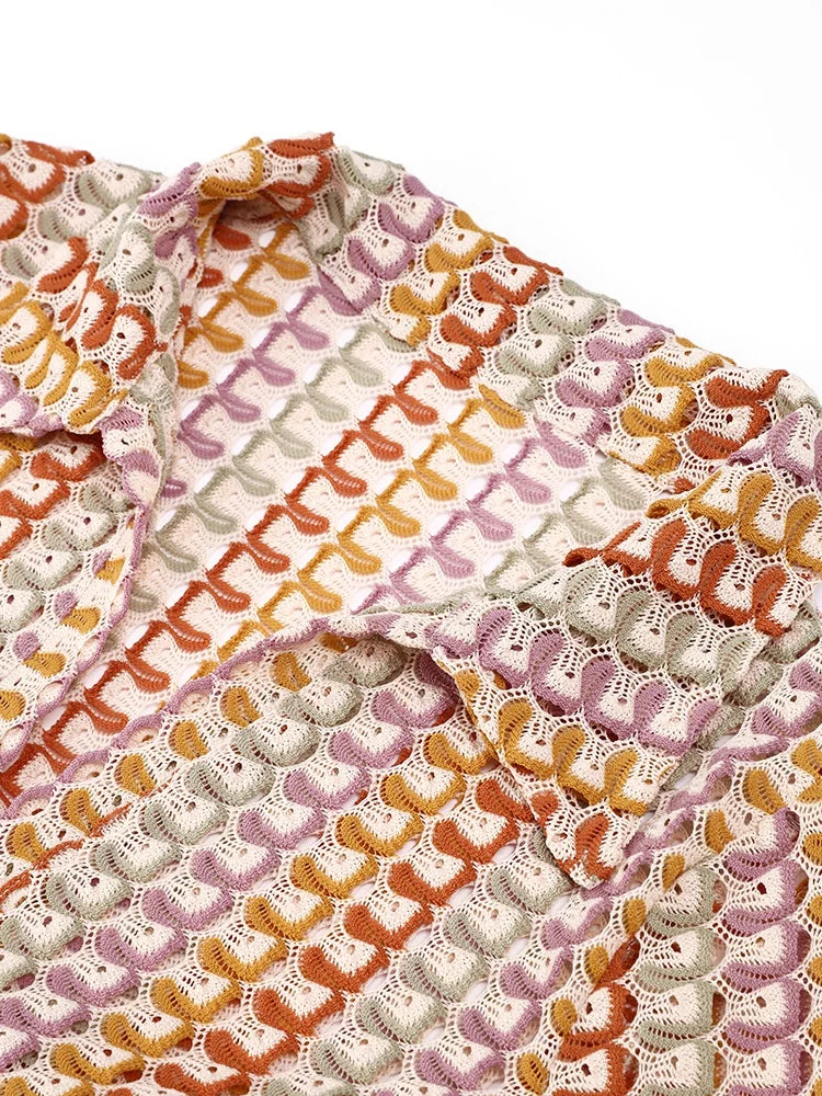 Rarove_Striped Hooked Crochet Knitted Long Dress 2023 Autumn Long Sleeve Woven A Line Women Vestidos Female's Lapel Vintage Dresses