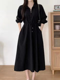 Rarove Korean Fashion Women Autumn Elegant Midi Shirts Dress Long Sleeve Vintage A-Line Prom Black Vestidos Femme Casual Robe New 2022