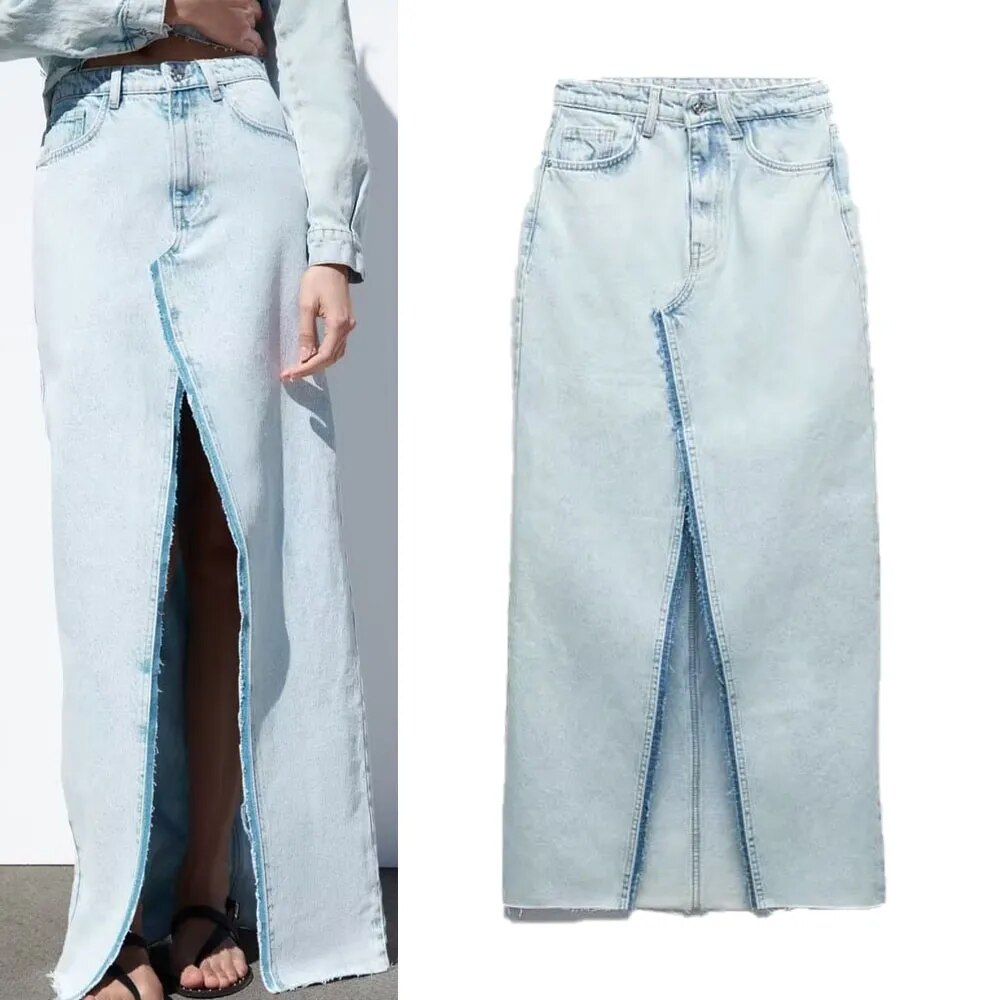 Rarove- New women's temperament fashion casual slimming front zipper and metal button closure midi denim skirt