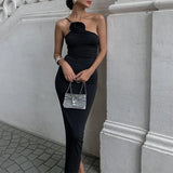 Rarove- Elegant Sleeveless Slim Black Dress Aesthetic Oblique Strap Backless Prom Dresses French Retro Evening Party Skinny Robe