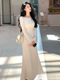 Rarove French Elegant Bodycon Women Dress Fashion Flare Sleeve Vintage Stain Party Mermaid Dresses 2023 Korean Autumn Vestidos Mujers