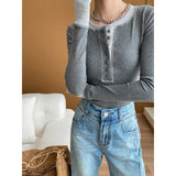 RAROVE-Button Half Placket with Contrasting Bright Stitching, Front Shoulder Slim Fit Bottom Knit Sweater
