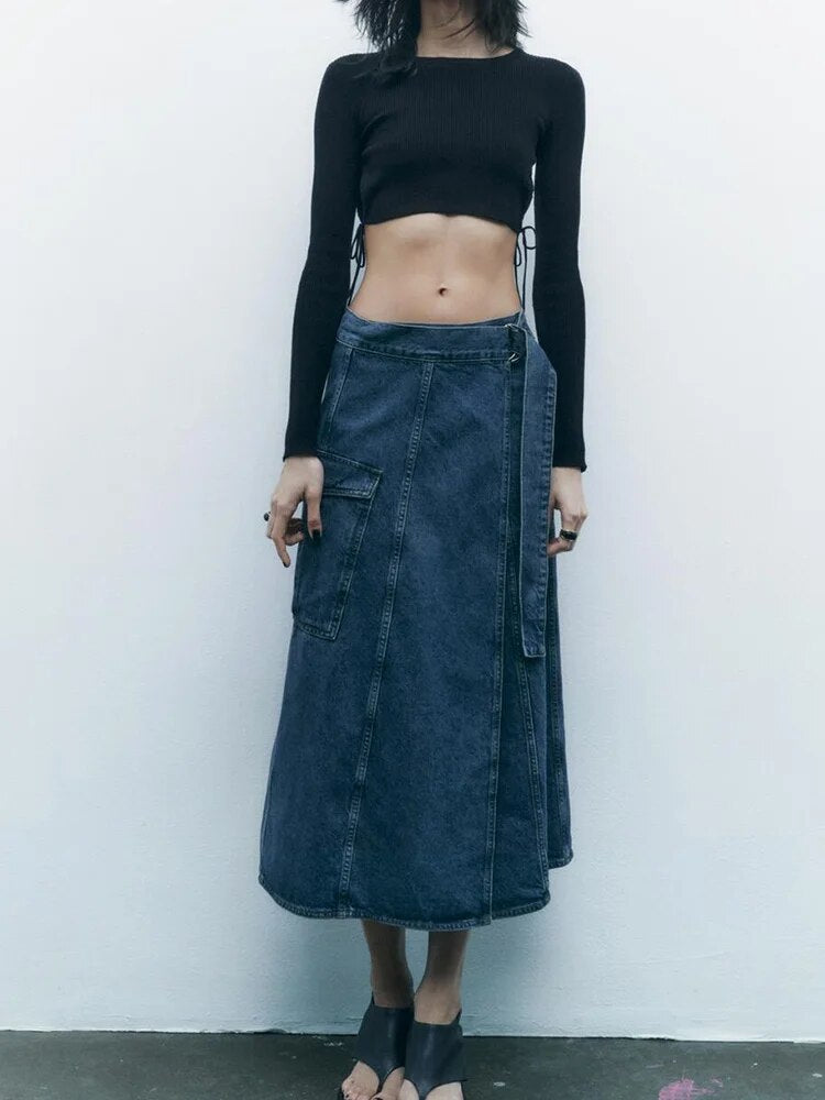 Rarove - 2023 spring new women's wrap-around type design high waist open casual hundred with belt work secti on denim skirt