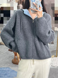 Rarove-Fall/winter new air cashmere cardigan women's loose padded knit hoodie contrast zipper sweater coat