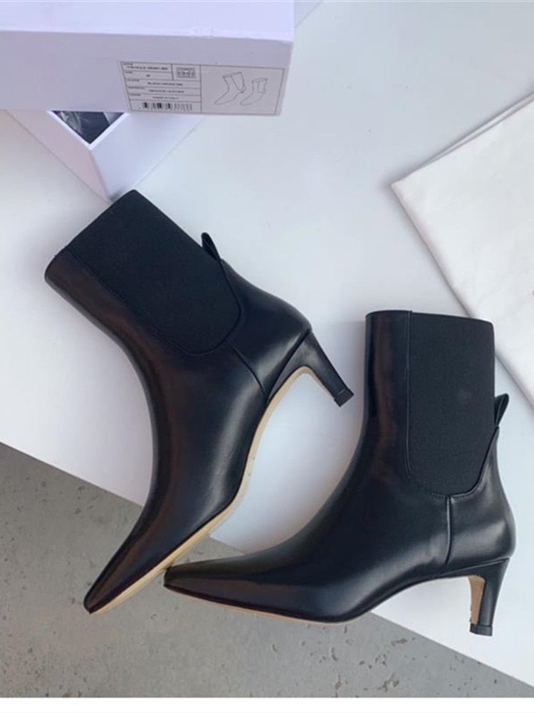 Rarove Women's Genuine Leather Black Short Boots Square Head Slender Heel Female All-Match Shoes 2023 Autumn Winter