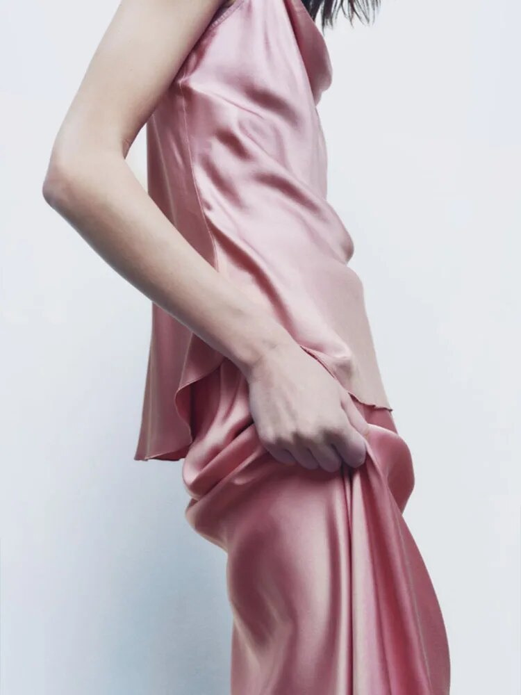 Rarove - 2023 New Women's Fashion Versatile Silk Slippery Pink Temperament Ruili Sling Top Skirt Set