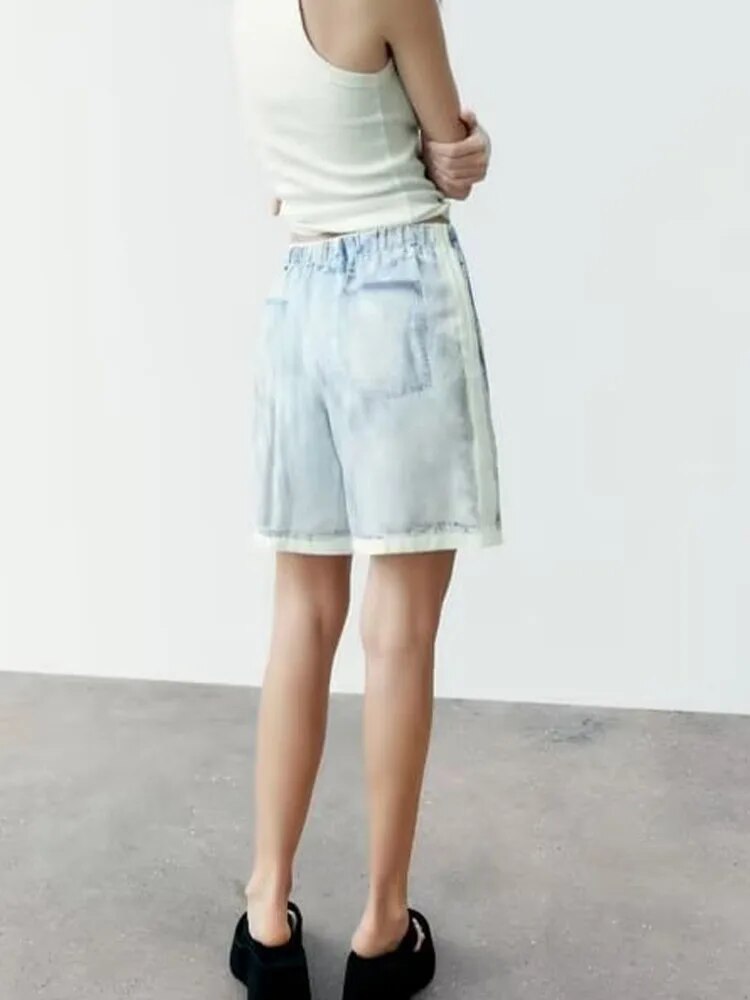 Rarove - New women's 2023 denim sleeveless lapel shirt printed silk texture shirt casual shorts high waist suit