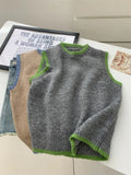 RAROVE-Striped Trim Contrast Color Round Neck Wool Sweater Vest Gray Khaki Women's Autum  Winter Tank Top Loose Vest