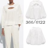 Rarove - New women's casual all-match round neck lace decoration long-sleeved white slit blouse top 3666122