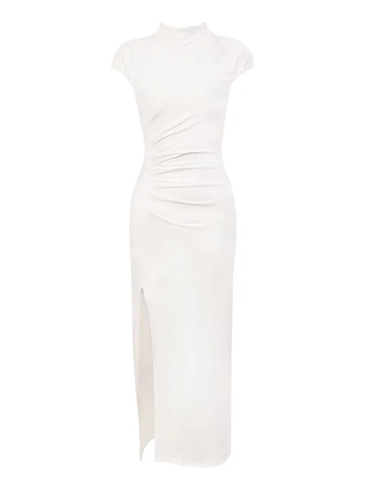 Rarove-Elegant Dress for Women Short Sleeve Party Split Dress Office Lady Sheath Slim Fit O Neck 2024 New Spring Summer Dress