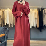 Rarove-Autumn and winter round neck cashmere dress female loose lazy wind embroidery plus size sweater pure wool knitted dress