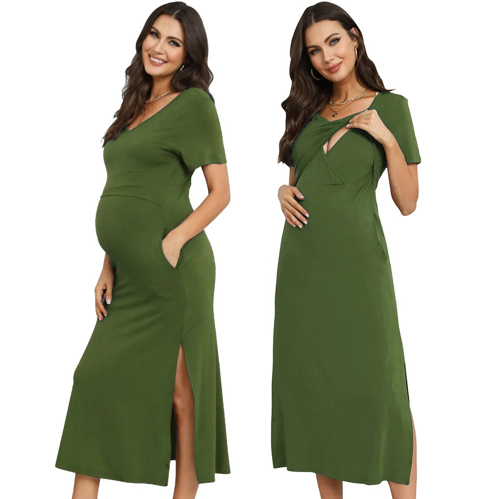Rarove-Summer Premama Nursing Dress Solid Short Sleeve Pregnant Women Baby Shower Breastfeeding Dresses Maternity Clothing Photoshoots