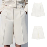 Rarove - New Women's Style Fashion Casual Front Zipper Button and Metal Hook Button Closed Pleated Design Long Casual Shorts