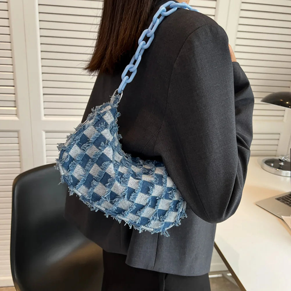 Rarove-Vintage Women Casual Shoulder Underarm Bag Plaid Pattern Printing Denim Small Purse Ladies Chain Leisure Handbags