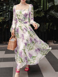 RAROVE-Graduation Gift Back to School Season Summer Dress Spring Outfit Summer Vacation Outfits  Printed Floral Dress Women New Summer Ladies Elegant Square Collar Slim Clothes Spring Female A-line Midi Dresses Vestidos
