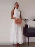 Rarove_Sleeveless Hollow Out White Belt Long Dress High Waist X-shaped Half High Collar Dress Elegant Office Lady Lace Midi Dresses