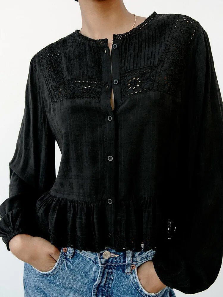Rarove - 2023 spring and summer new women's wear slim Slim black retro round neck long-sleeved hollow embroidered shirt